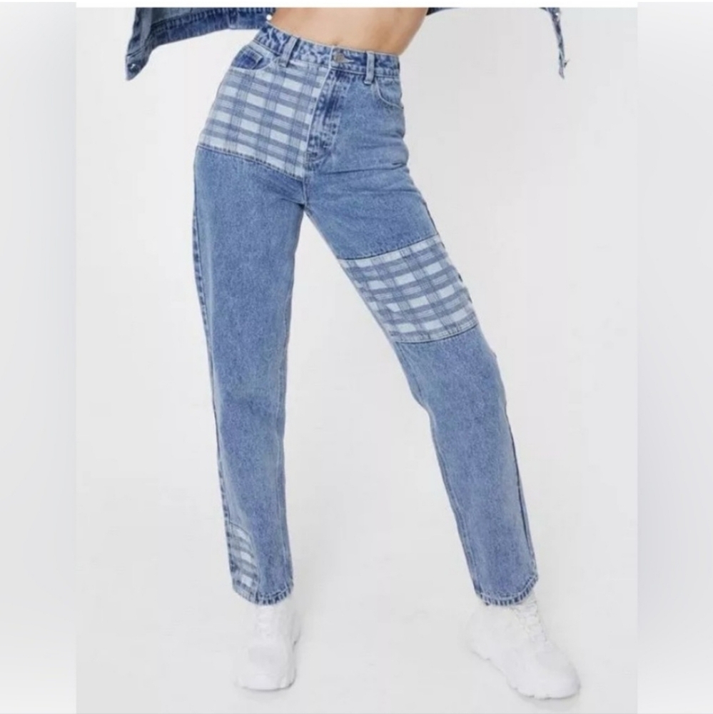 Nasty Gal Blue Plaid Patchwork Mom Jeans